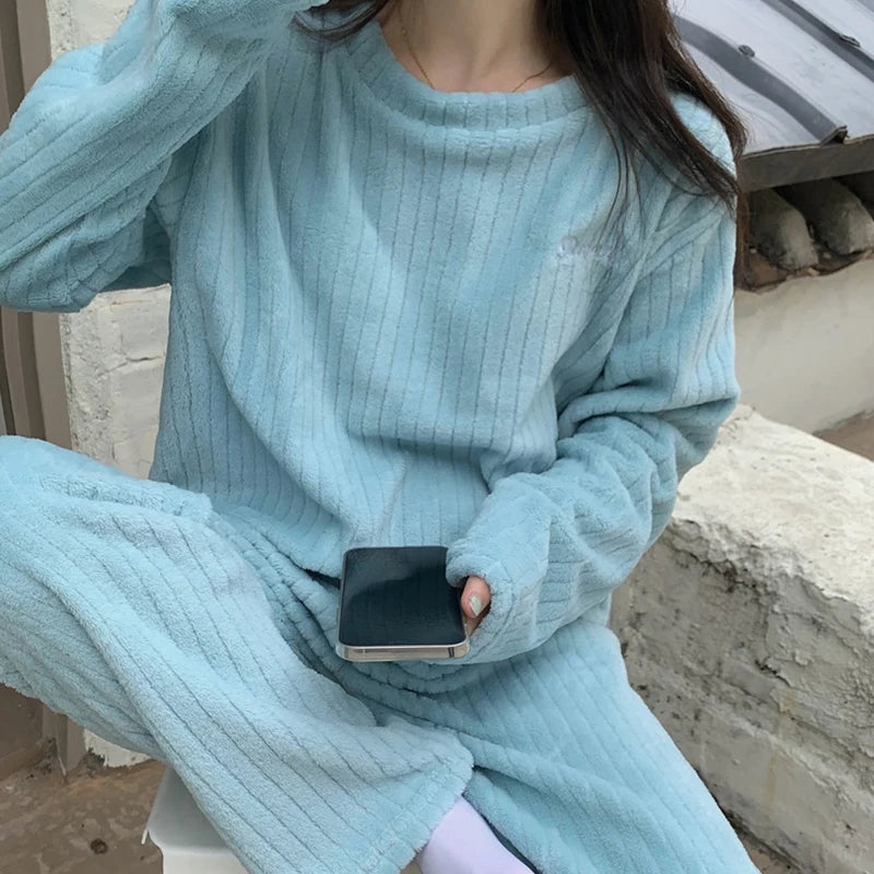 Autumn Women Solid Warm Sets Thicken Velvet Ribbed Fleece | SAMAG
