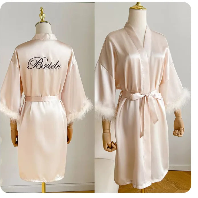 White Bride Wedding Robe with Feathers Women Satin | SAMAG