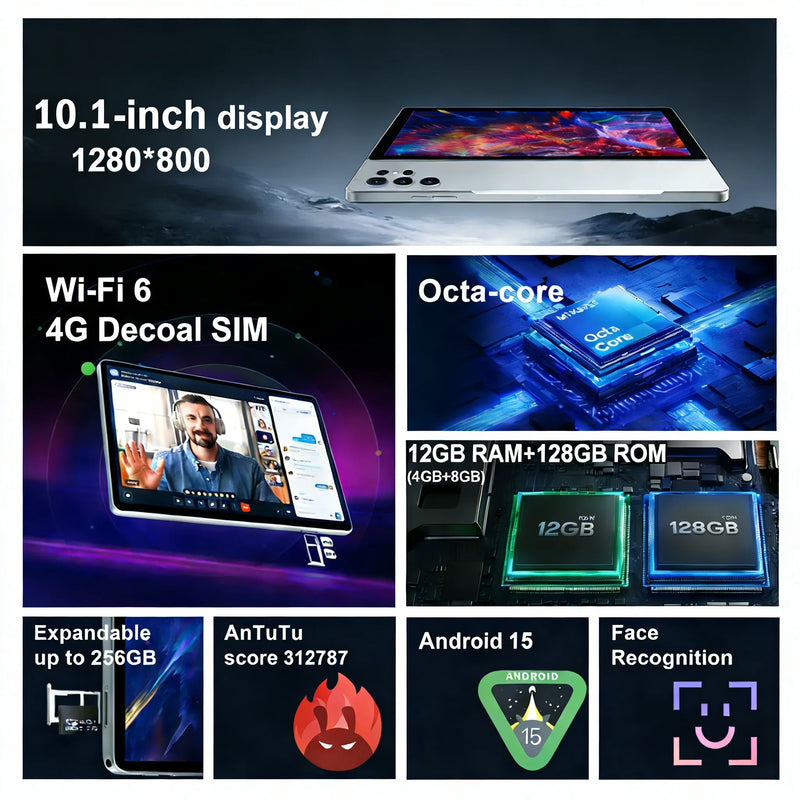 4000mAh Battery Tablet PC，8GB+256GB Large Storage，HD Camera，Android 15 System for Daily Office & Entertainment