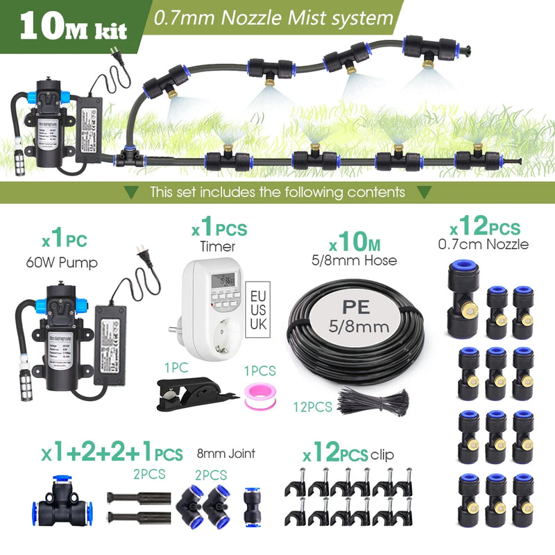 0.7MM Brass Nozzle 60W Self-Priming Pump Timing Misting Spray Kit for Garden Plants Farm Automatic Atomization Cooling System