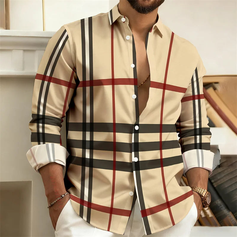 Best-Selling Men's 3D Printed Plaid Long-Sleeved Shirt | SAMAG