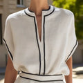 Elegant Striped Piping Set Woman Notch Collar Loose Short Sleeve Blouse & Wide Leg Shorts Suit Daily Beach Summer 2-Piece Outfit