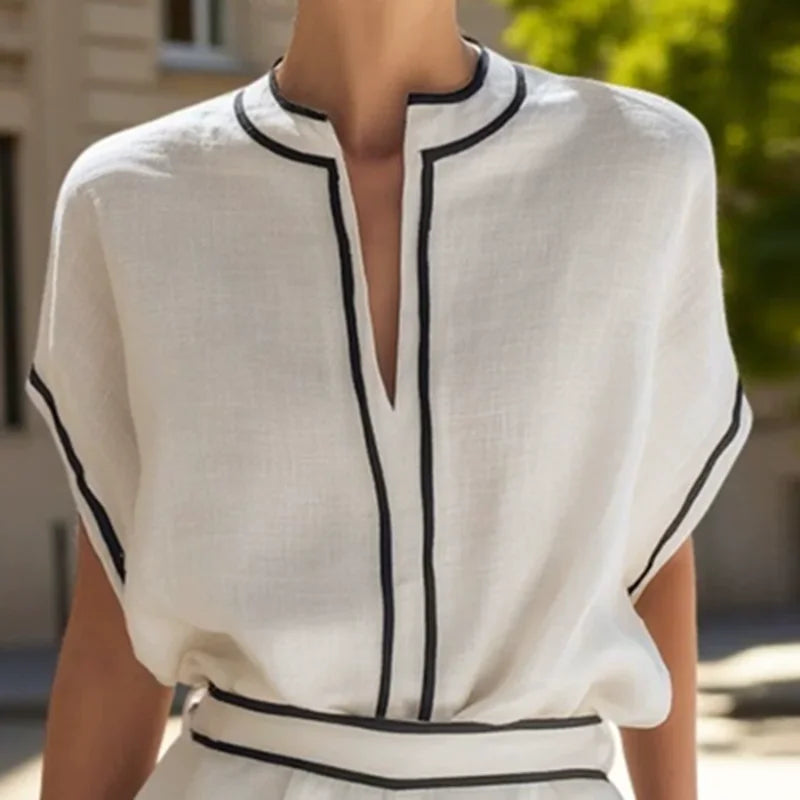 Elegant Striped Piping Set Woman Notch Collar Loose Short Sleeve Blouse & Wide Leg Shorts Suit Daily Beach Summer 2-Piece Outfit