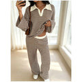 Autumn New Fashion Knitted Striped Lapel Long-sleeved Two-piece Set Slim + Casual High-waisted Wide-leg Pants 2 piece Set Female