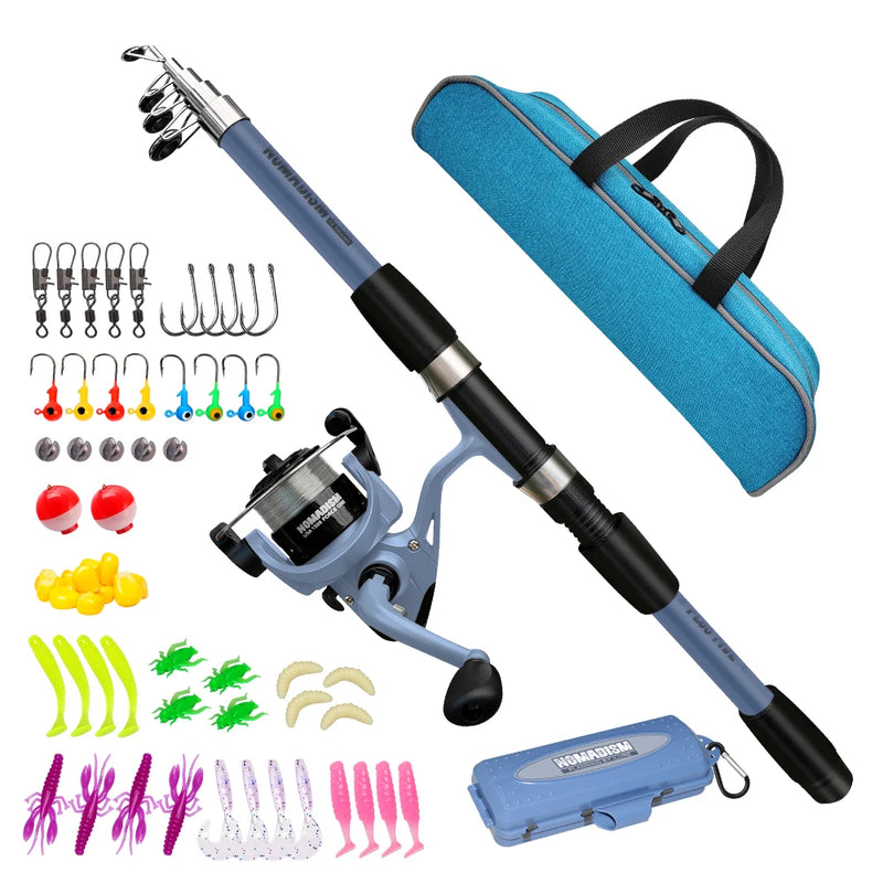 New 1.65mTelescopic Fishing Rod And Spinning Reel Kit with Baits Hooks Travel Pole Set Bait Hook Tackle Set for Outdoor Sports