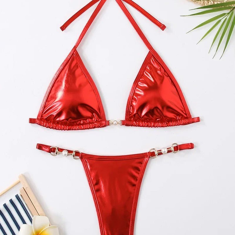 PU Leather Pearls Bikini Mini Micro Thong Women Swimwear | SAMAG