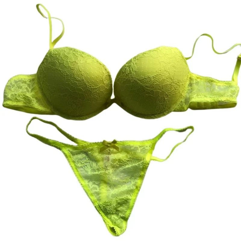Cotton Deep V Lace Surface Push Up Sexy Bra Panty Sets Matching Bow G-string Comfortable Underwear Women Lingerie Set Intimates