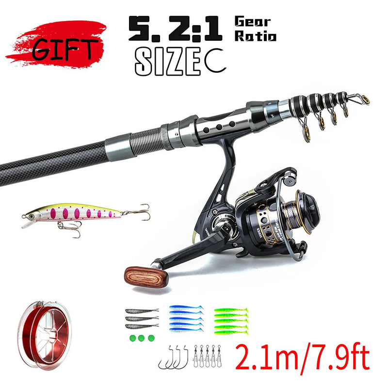 Telescopic Fishing Rod Reel Combo Full Set Portable 1.8m 2.1m 2.4m 2.7m 3m Long Cast Spinning Reel Simulation Lures For Saltwate