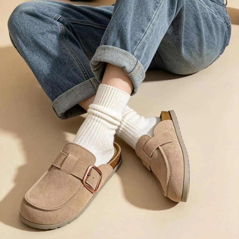 Crestar Women's Genuine Suede Clogs Outdoor Memory Foam Cork Footbed Leather Mules With Adjustable Buckle Lady Slip On Slippers