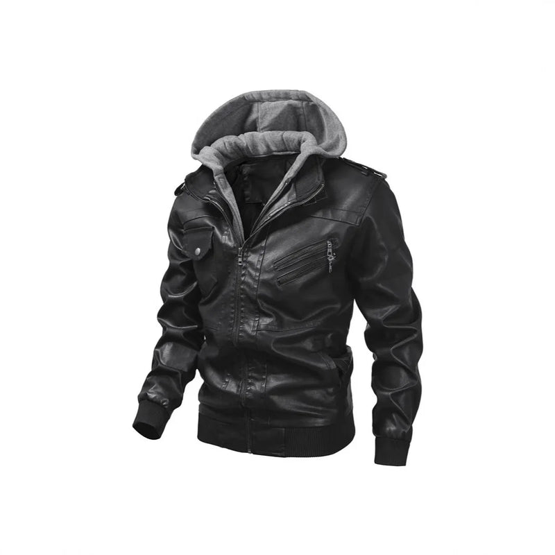 Men's Youth Hooded PU Leather Fashion Locomotive Casual Jacket Large Size Hat Removable