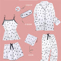 Spring Autumn 7 Pieces Set Silk Elegant Women Pajamas Print Shorts Long Sleeve Top Elastic Waist Pants Lounge Sleepwear