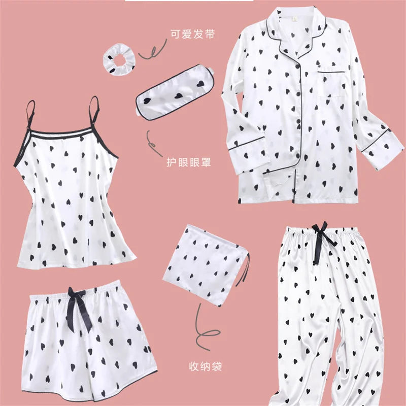 Spring Autumn 7 Pieces Set Silk Elegant Women Pajamas Print Shorts Long Sleeve Top Elastic Waist Pants Lounge Sleepwear