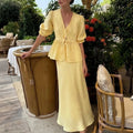 Summer Women's V-Neck Lace-Up Bubble Puff Sleeve Shirt  Long Skirt Set Loose Casual 2 Two-Piece Suit Sets