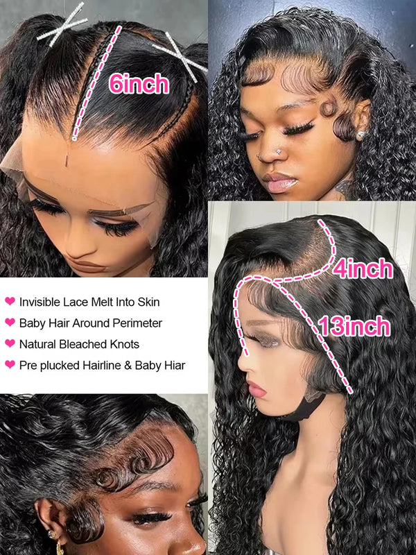 300% Density 40 46Inches Deep Wave Frontal Wig 13x4 13x6 HD Curly Lace Frontal Human Hair Wig Peruvian 7x5 Wear Go Glueless Wig