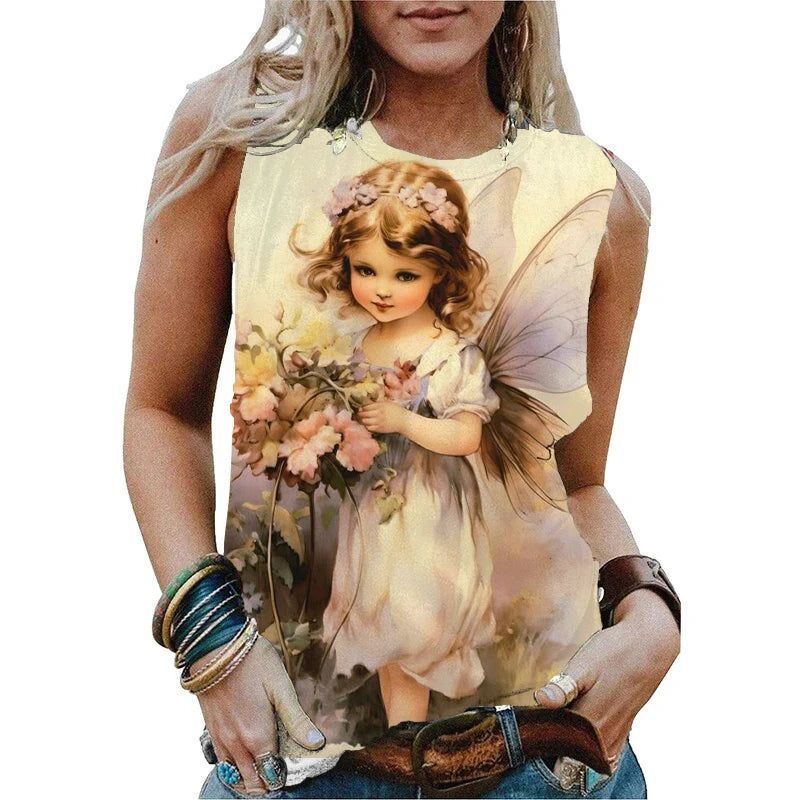 New Cute Angel Baby 3D Print Tank Tops Women Summer O-Neck Casual Vest Off Shoulder Y2k Sleeveless Top Camisole Woman Clothing
