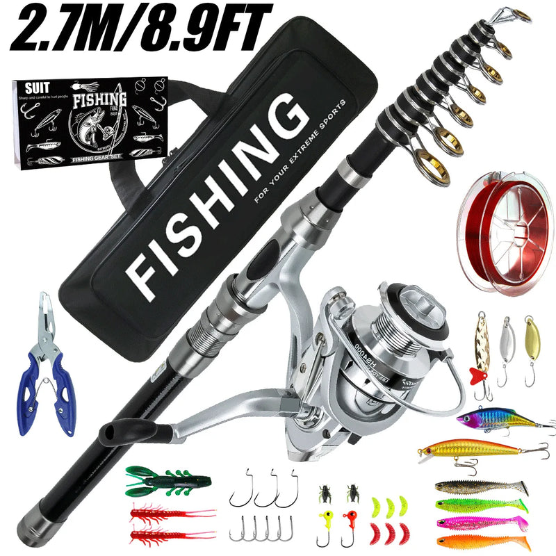 Telescopic Fishing Rod Spinning Reel Combo Full Set Portable Carry Bag Simulation Lures Hooks Line Plier For Saltwater Freshwate