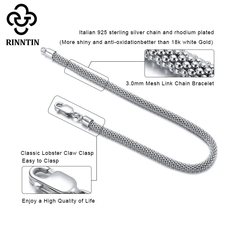 Rinntin Italian 925 Sterling Silver 3.0mm Mesh Popcorn Chain Bracelet for Women Jewelry Female Dating Trendy Accessories TSB65