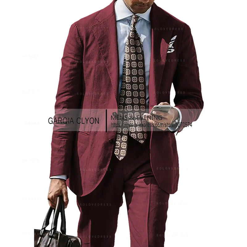 2025 New Casual Men's Suit Jacket Summer Spring Blazer Two Bottom Breathable Cotton Linen Coat 2 Pieces( Jacket+Pants )