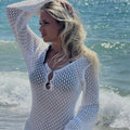 Vacation Casual Short Dress, Knit Hollow Out Long Sleeve Beach Cover-Up, Fitted Plain Style, Spring & Fall Fashion