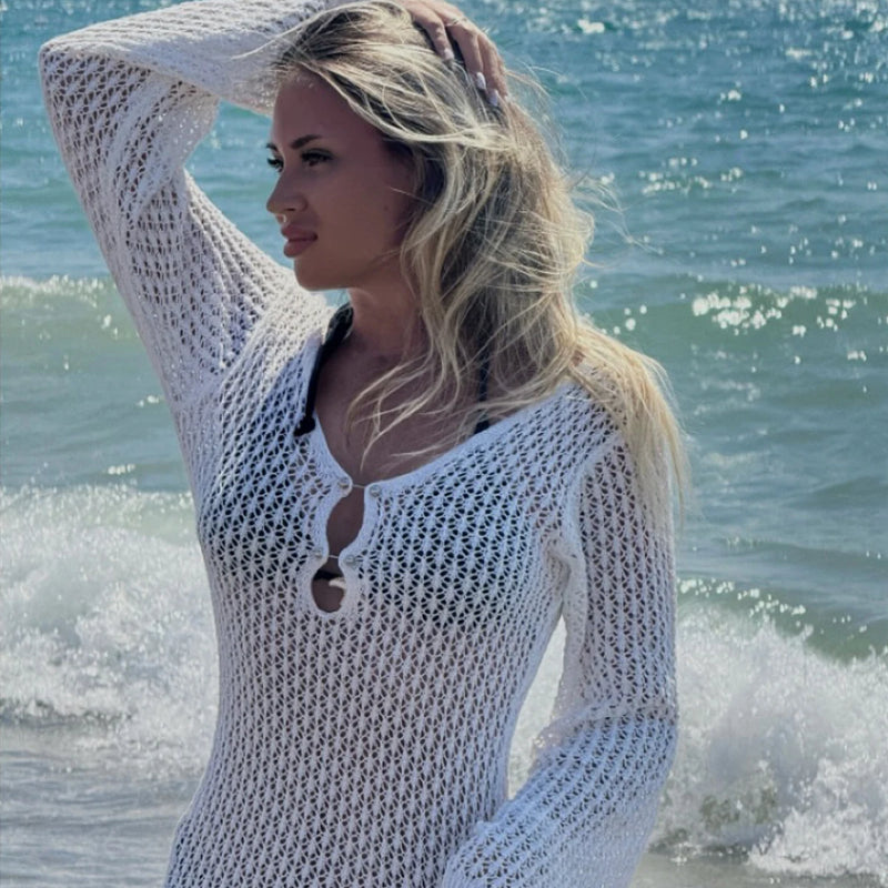 Vacation Casual Short Dress, Knit Hollow Out Long Sleeve Beach Cover-Up, Fitted Plain Style, Spring & Fall Fashion