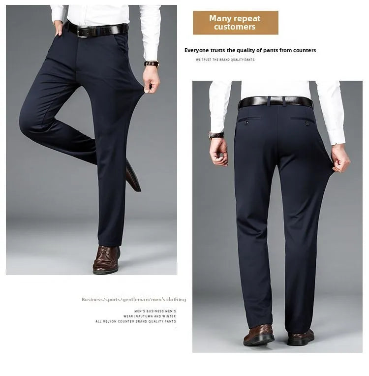 Winter Fleece Warm Business Formal Pants Men Classic Work Office Grey Elastic Waist Suit Thicked Thermal Trousers Plus