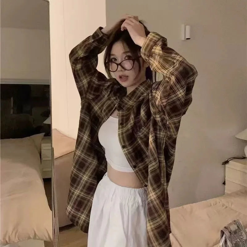 Harajuku Oversize Loose Plaid Shirts Female Lazy Style Long Sleeve Out Wear Casual Blouses Vintage All-match Students Shirt
