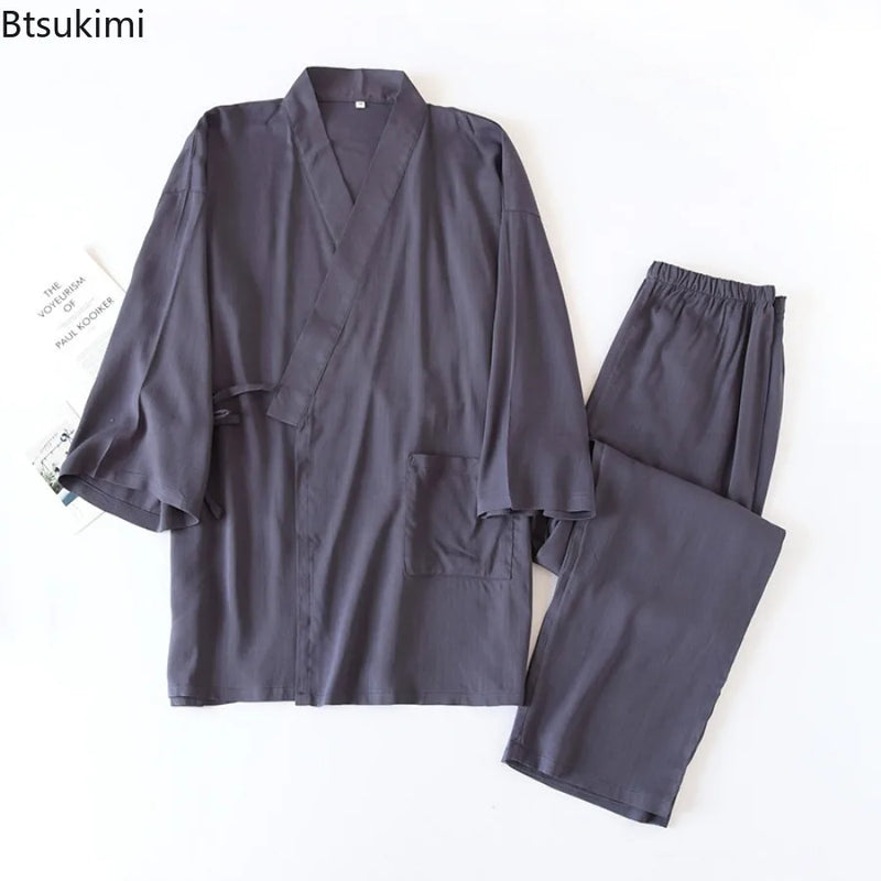 2026 Men's Japanese Kimono Robes Sets Cotton Linen Pajamas Two-piece Set Couple Loose Bathrobes Sweat Steaming Home Service Suit