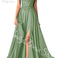 Green Chiffon Evening Dress Women Elegant Applique | SAMAG