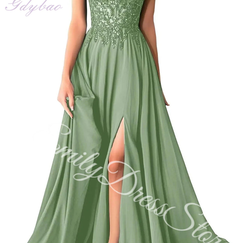 Green Chiffon Evening Dress Women Elegant Applique | SAMAG