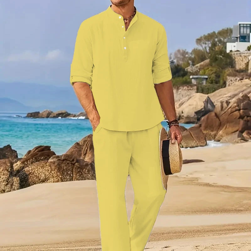 Men's White Linen Suit Set Long Sleeve Henley Shirt | SAMAG