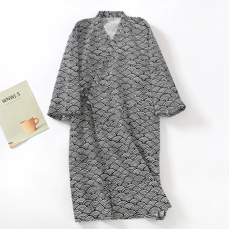 2026 New Men's 100% Cotton Gauze Bath Robes Loose Thin Japanese Kimono Pajamas for Men Casual Lace Up Bathrobes V-Neck Nightgown