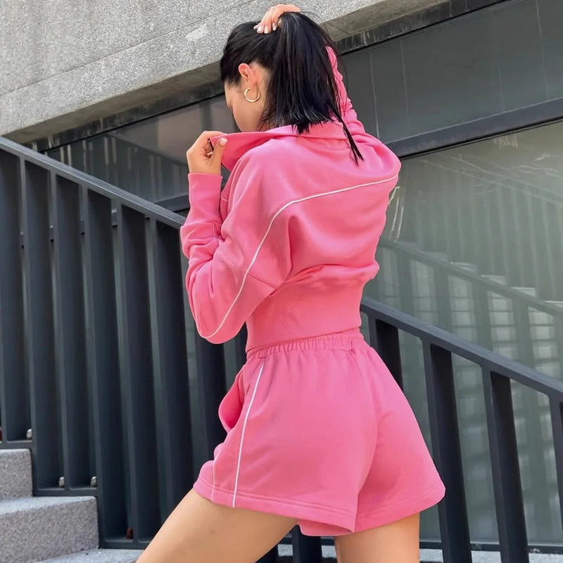 2026 Spring/Summer Casual Women's Stand up Collar Jacket Loose Shorts Long Sleeve Zipper Pocket Coat Fashion Sports Set