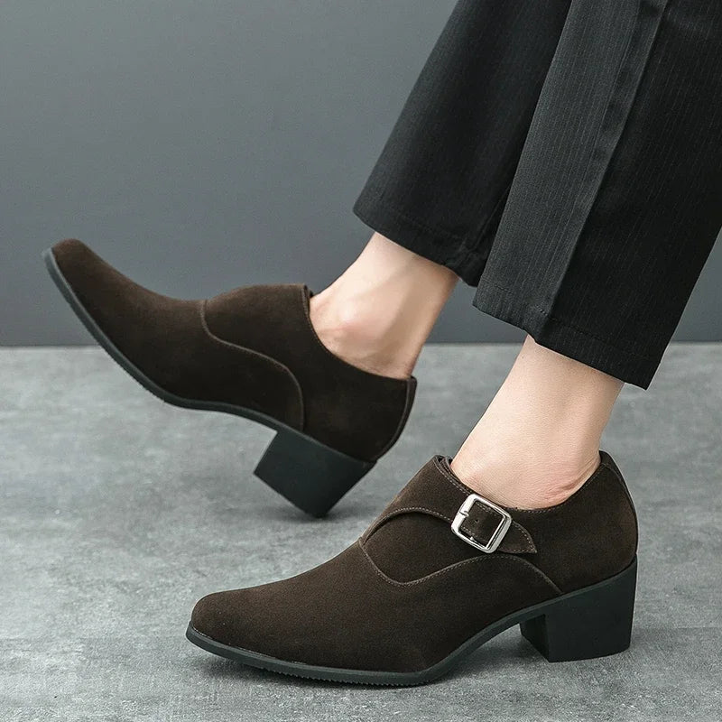 Man Height Increasing Pointed Toe Business Dress High Heel Shoes Buckle Decorated Men Casual Shoes