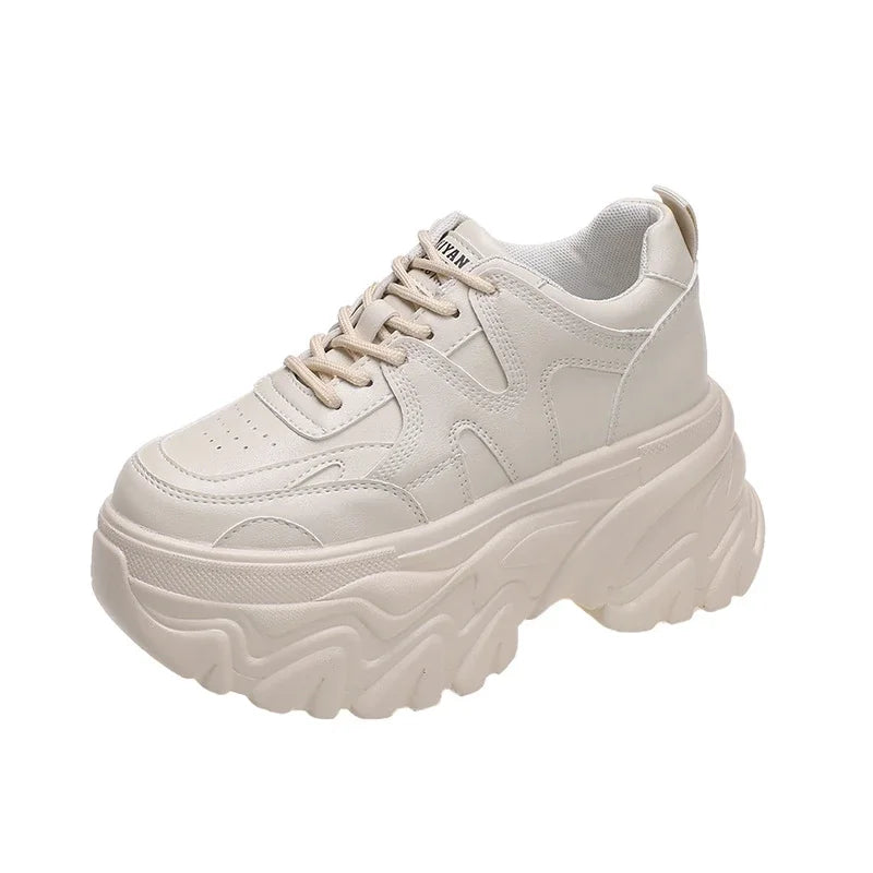 Women Platform Casual Thick leather Shoes 2024 New Spring Autumn Chunky Sneakers 8CM Wedges Hidden Heels Leisure Shoes Woman