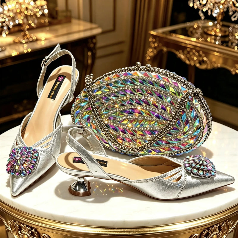 2026 Italian Peach Gold Rhinestone HAND CRAFTED UPPER Pointed Toe Women High Heels Shoes and Bag Set Elegant Party Shoes