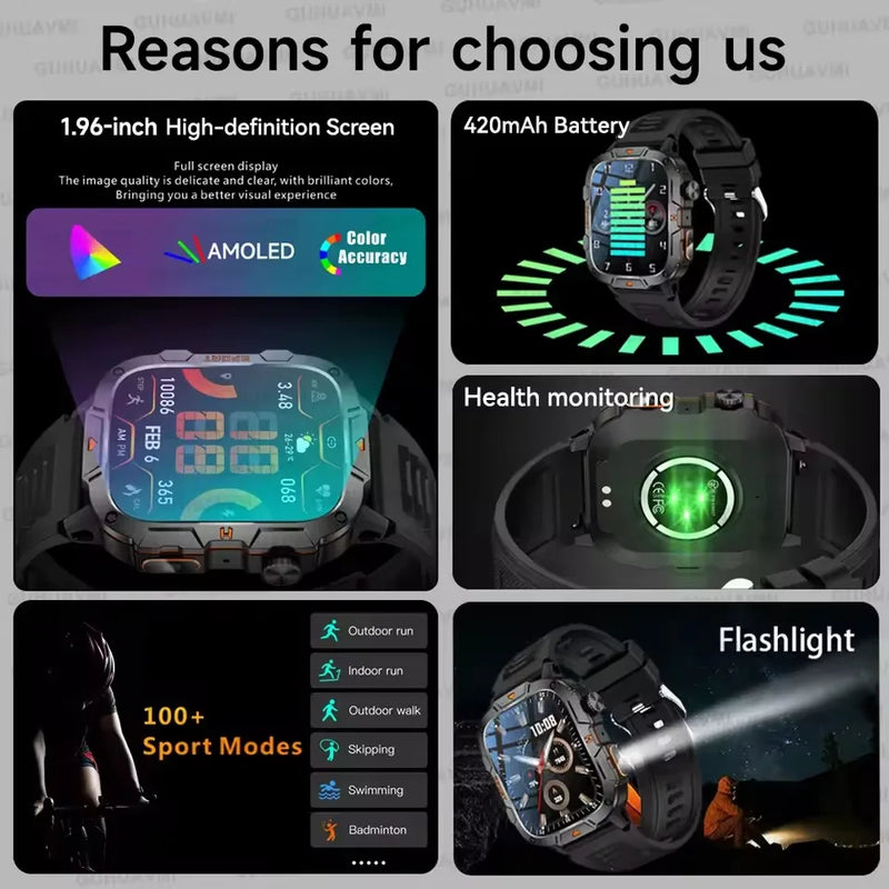 2025 New Military Grade Smart Watch Men 1.96" AMOLED Screen 5ATM Waterproof Simming Sports Fitness Tracker BT Call Smartwatches