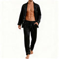 Men's Luxury Faux y Pajama Set with Black and White Contrast Trim, Long Sleeve and Pants, Comfortable Loose-Fit Loungewear