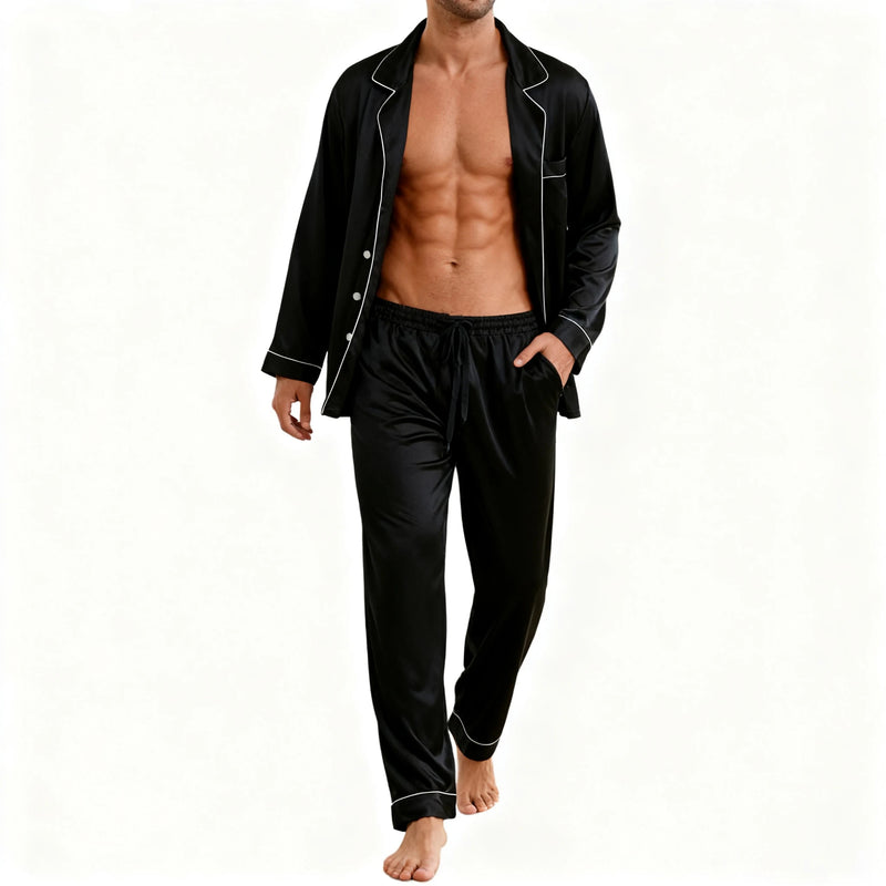 Men's Luxury Faux y Pajama Set with Black and White Contrast Trim, Long Sleeve and Pants, Comfortable Loose-Fit Loungewear