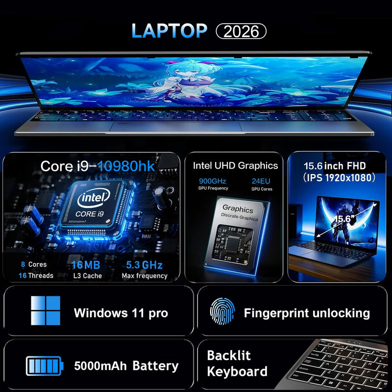 15.6" Gaming Laptop intel Core i9 10980HK Windows 11 Pro Notebook PC Gamer 16GB DDR4 1TB SSD IPS 1920*1080 Fingerprint Computer