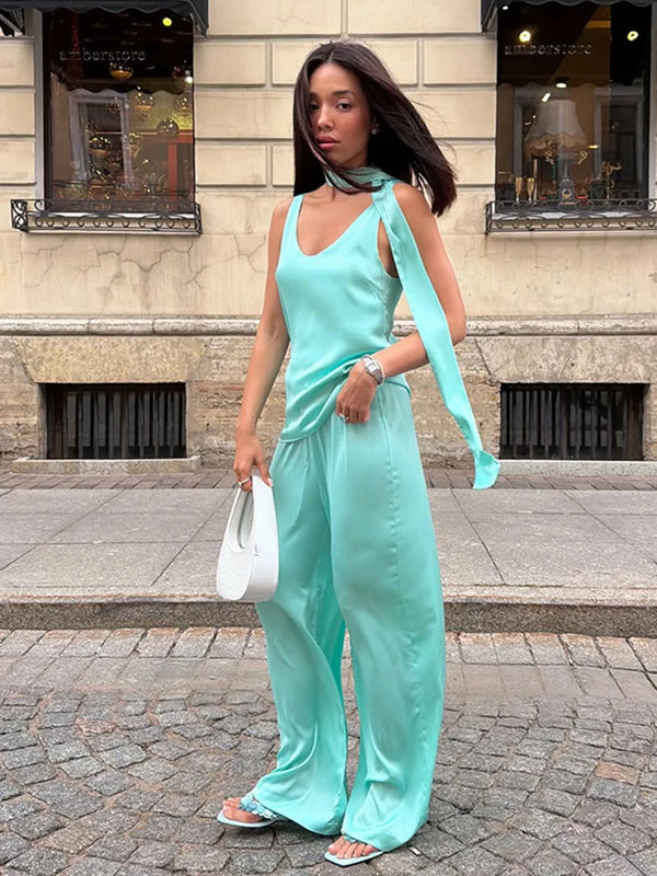 Casual Satin Pants Sets Women V Neck Sleeveless Scarf Patchwork Loose Suits Female 2026 Autumn New Chic Solid Vacation Set Lady
