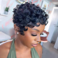 Short Curly Wigs Pixie Cut Wig Human Hair With Bangs Full Machine Made Curly Human Hair Wigs for Women Natural Black Color