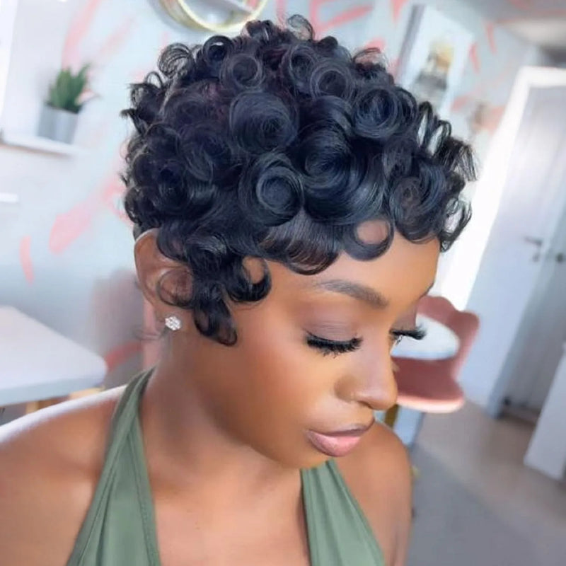 Short Curly Wigs Pixie Cut Wig Human Hair With Bangs Full Machine Made Curly Human Hair Wigs for Women Natural Black Color