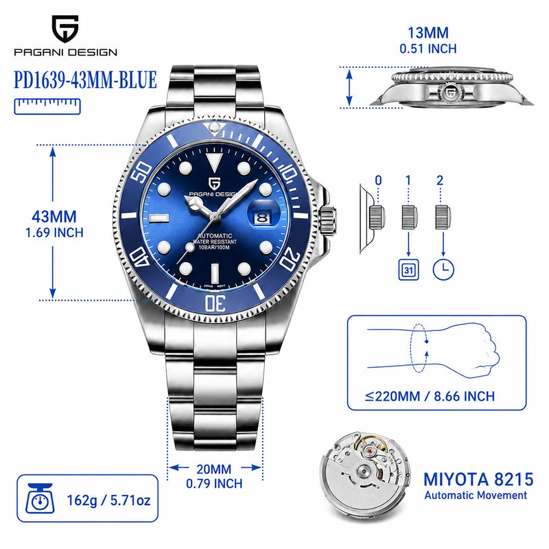 PAGANI DESIGN Men Watches Automatic Watch Mechanical Sapphire Glass Stainless Steel Luminous Date Luxury - Visuel 8 | SAMAG
