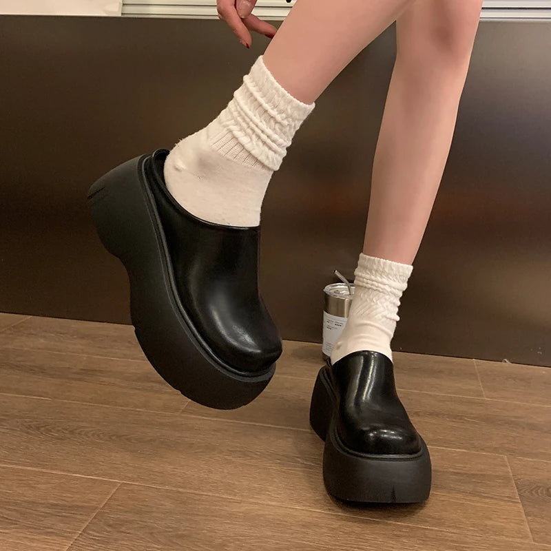 Women Platform Mules Slip On Clogs Solid PU Round Toe 6-8CM High Thick Sole Casual Daily Walking Autumn Outdoor Ladies Footwear