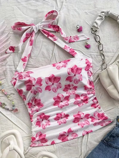Women's Summer Short Top, Pink Floral Camisole Vest | SAMAG