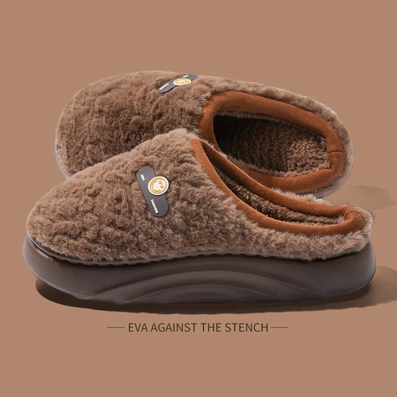 Women's Winter Plush Slippers Fleece-Lined Indoor House Shoes with Thick Sole Anti-Slip Odor-Control Feature for Couples