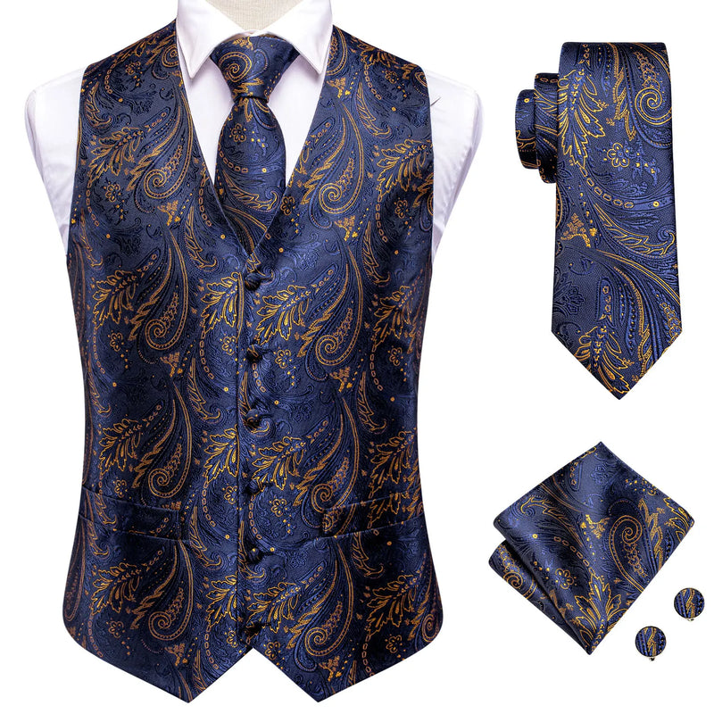 Hi-Tie Navy Blue Mens Vest Formal Paisley Waistcoat Jacket Tie Handkerchief Cufflinks Set For Male Dress Suit Wedding Party
