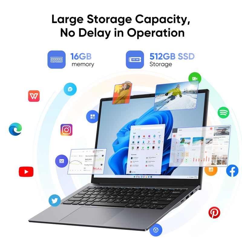 Windows 11 Pro Laptop with 14.1" 2K Screen, 16GB RAM, 512GB SSD, Intel Core Processor, Ultra-Thin and Light Notebook