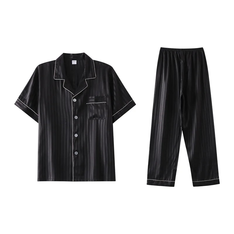 White Striped Men Pajamas Suit Short Sleeved Long Pants Thin Ice Silk Sleepwear Summer Satin Silk Home Clothing Set Pyjamas Male