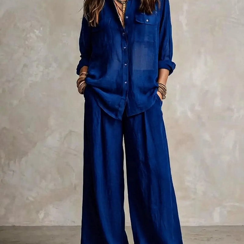 Retro Solid Office Two-piece Set Women's Spring Autumn Fashion Lapel Cardigan Top With Wide Leg Pants Suit Ladies Casual Outfit